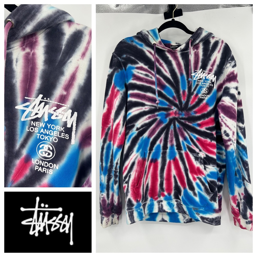 Stussy World Tour RARE Tie Dye Hoodie Mens M Black Blue Pink Spiral Streetwear